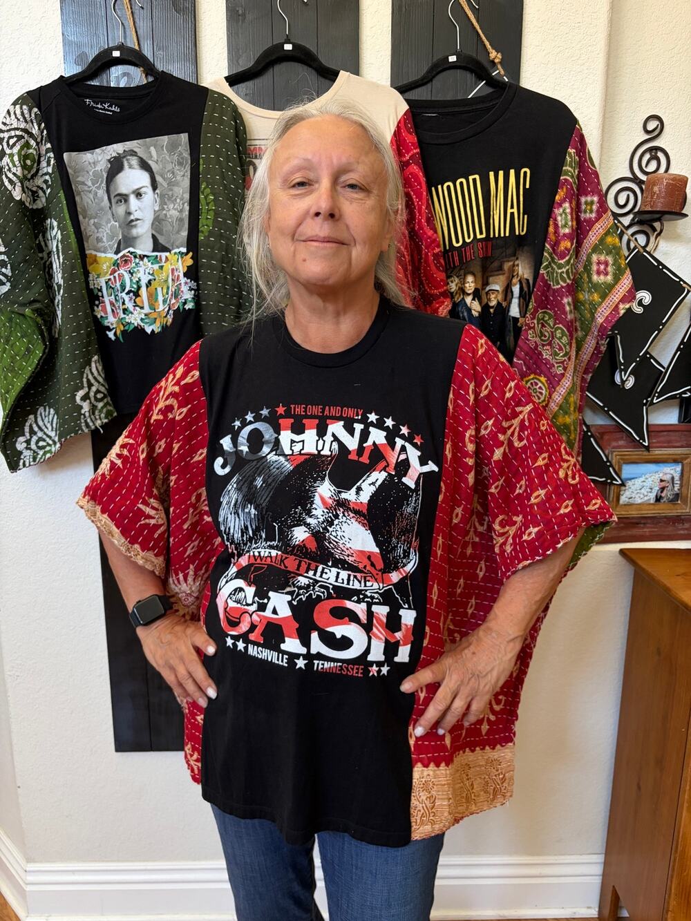 Johnny Cash Upcycled Kantha Tunic Top Shirt OS Handmade Boho